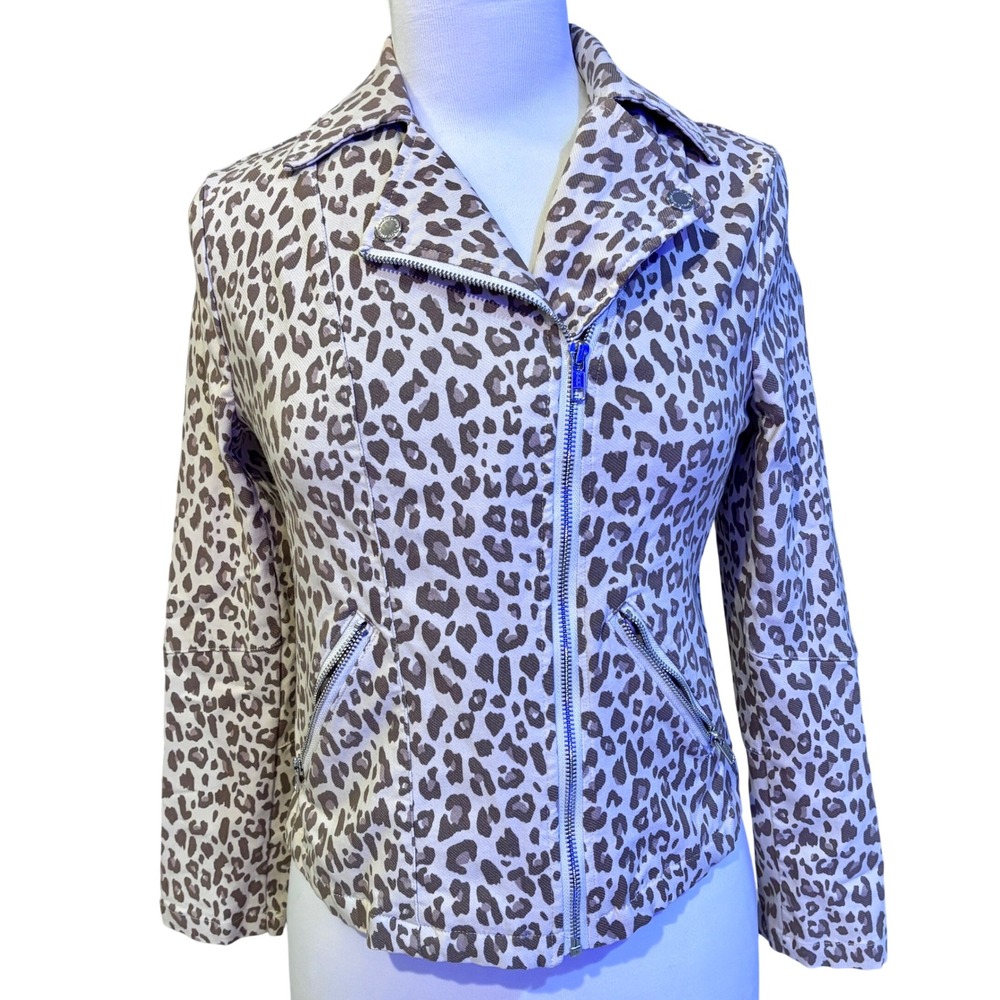 Alyson Parker Moto Jacket Women S Tan‎ Brown Leopard Print Excellent Zip Front